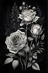 Rose illustration, black and white t shirt design. Generative ai