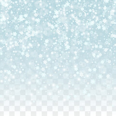 Christmas Vector Background with Falling Snowflakes  Isolated on Transparent Background. Realistic Snow Sparkle Pattern. Snowfall Overlay Print. Winter Sky. Realistic Snow. Happy Christmas, New Year.