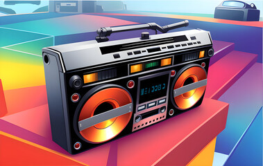 Illustration of a Radio / Ghettoblaster / Boombox on a graphical background. Portable stereo. 80s music. Synthwave Style / Neon