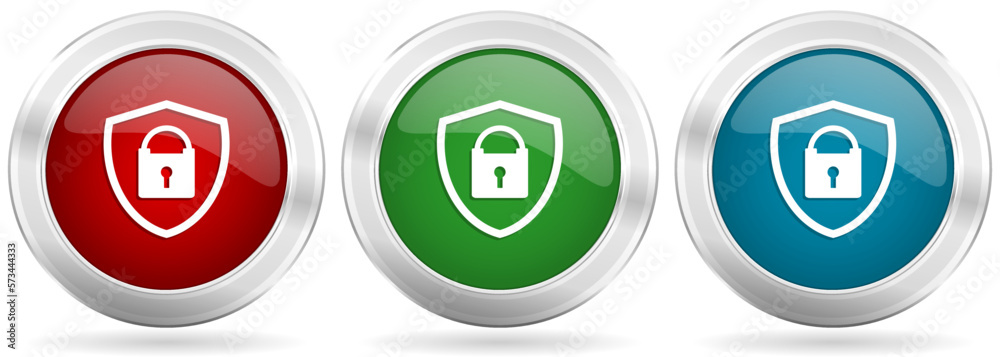 Poster Shield with padlock vector icon set. Red, blue and green silver metallic web buttons with chrome border
