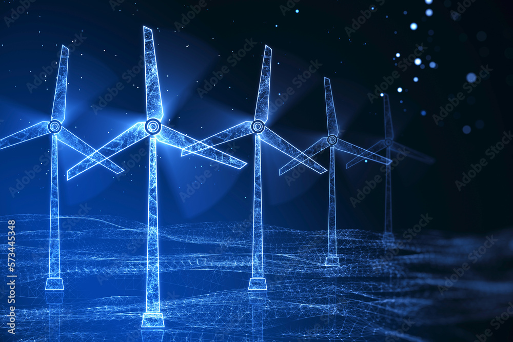 Poster renewable technology and green energy electricity concept with digital glowing windmills full of ene
