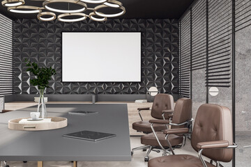 Blank white poster with place for your text or logo on dark grey wall background in modern interior design conference room with brown chairs and digital tablets on meeting table. 3D rendering, mockup