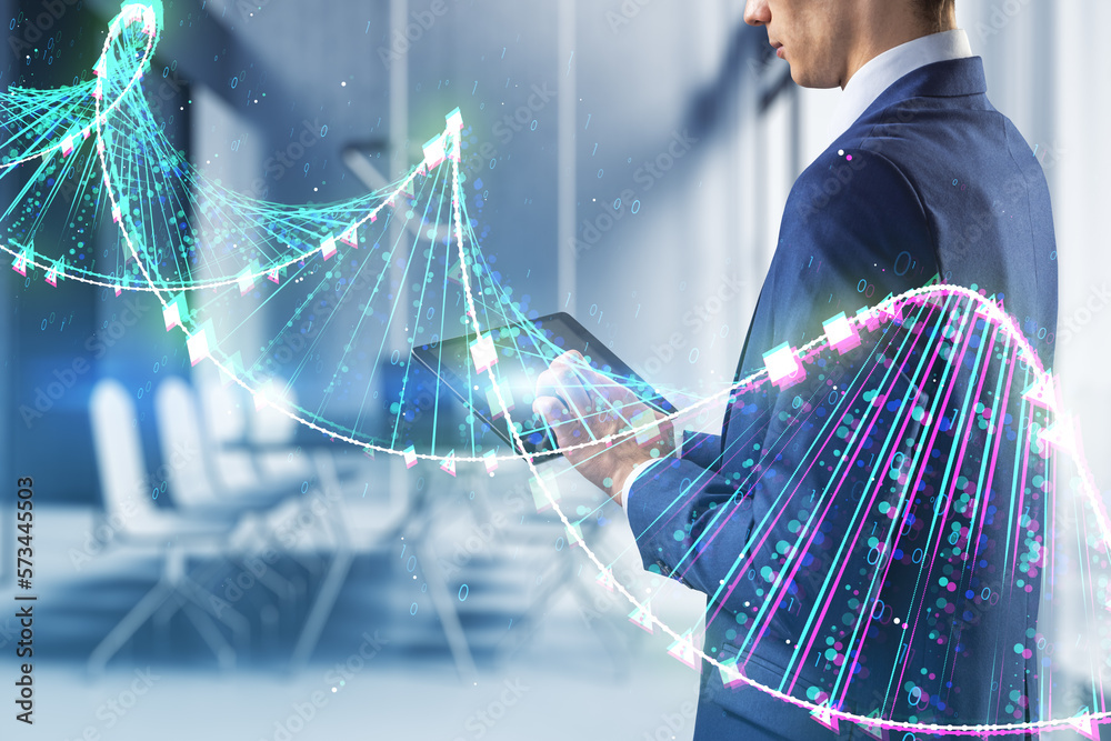 Poster Close up of businessman hands using tablet with glowing binary code DNA helix on blurry office interior background. Human genome and innovative technologies concept. Double exposure.