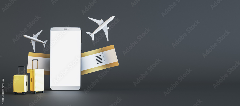 Poster Business travel and booking concept with blank white smartphone display with place for your application on dark background with space for your brand name or logo and suitcases. 3D rendering, mockup