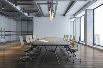 Modern meeting room with glass transparent doors, huge wooden conference table surrounded by stylish chairs on parquet, grey wall background and city view from panoramic windows. 3D rendering