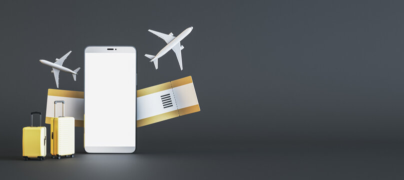 Business travel and booking concept with blank white smartphone display with place for your application on dark background with space for your brand name or logo and suitcases. 3D rendering, mockup