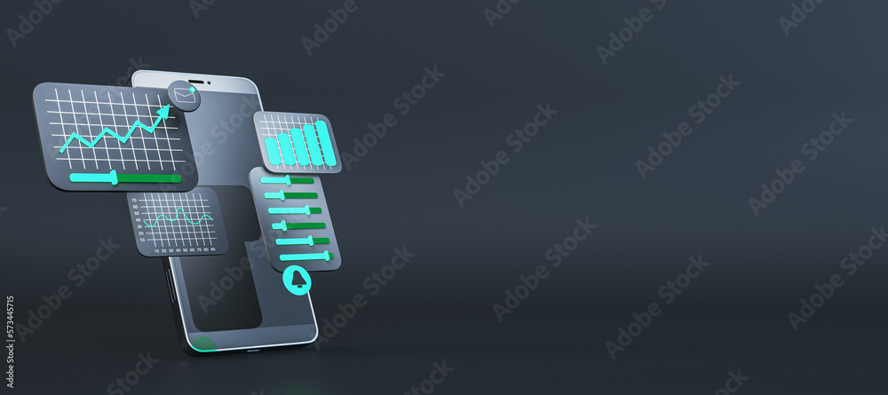Aufkleber Smartphone with business charts on black background with mock up place. Data, software and web development concept. 3D Rendering.