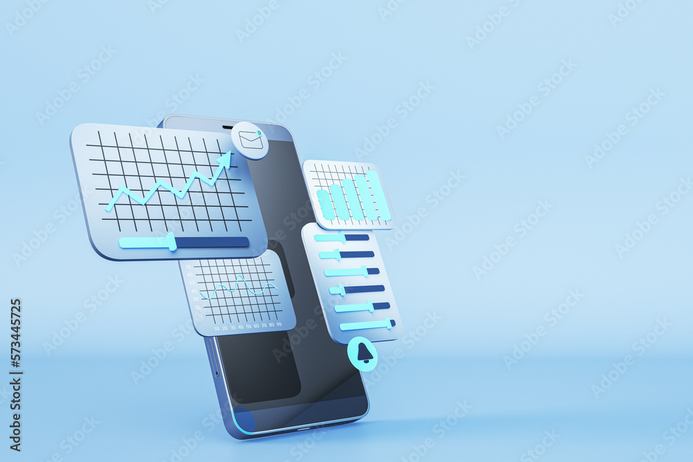 Aufkleber Smartphone with business charts on blue backdrop. Data, software and web development concept. 3D Rendering.