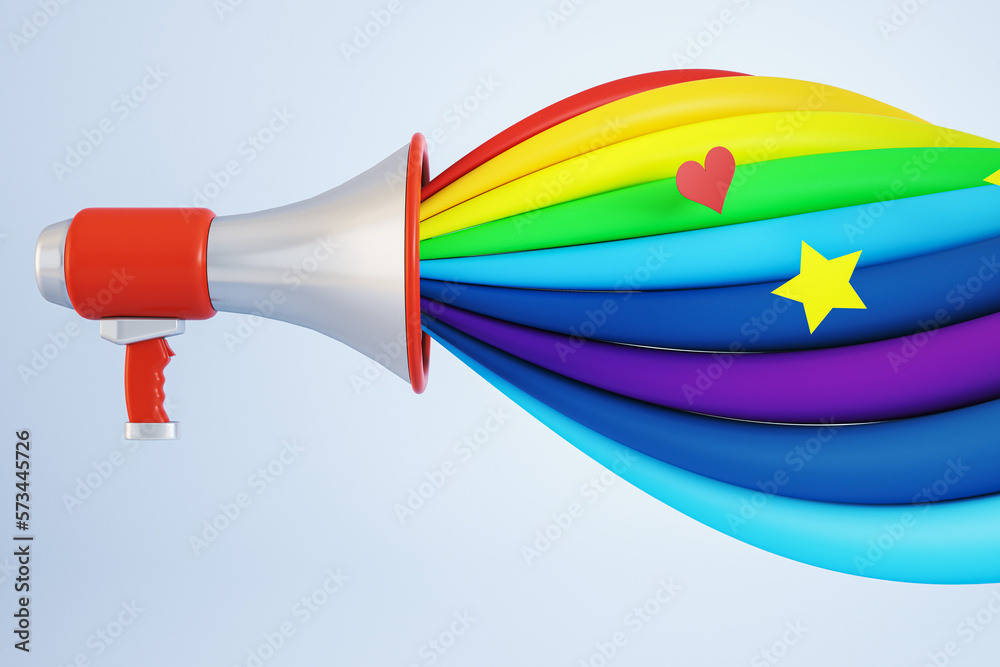 Poster Creative loudspeaker with colorful sound wave on white backdrop. Voting, lgbt and fighting for your rights concept. 3D Rendering.