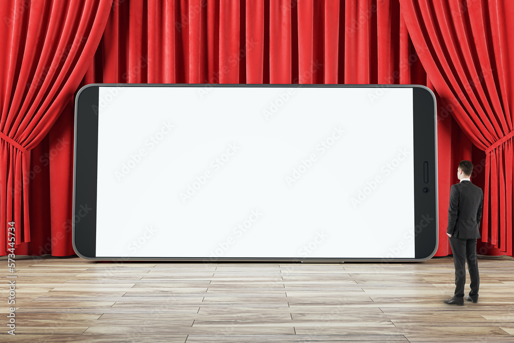 Poster businessman side view looking at huge smartphone blank white screen with place for your web design o