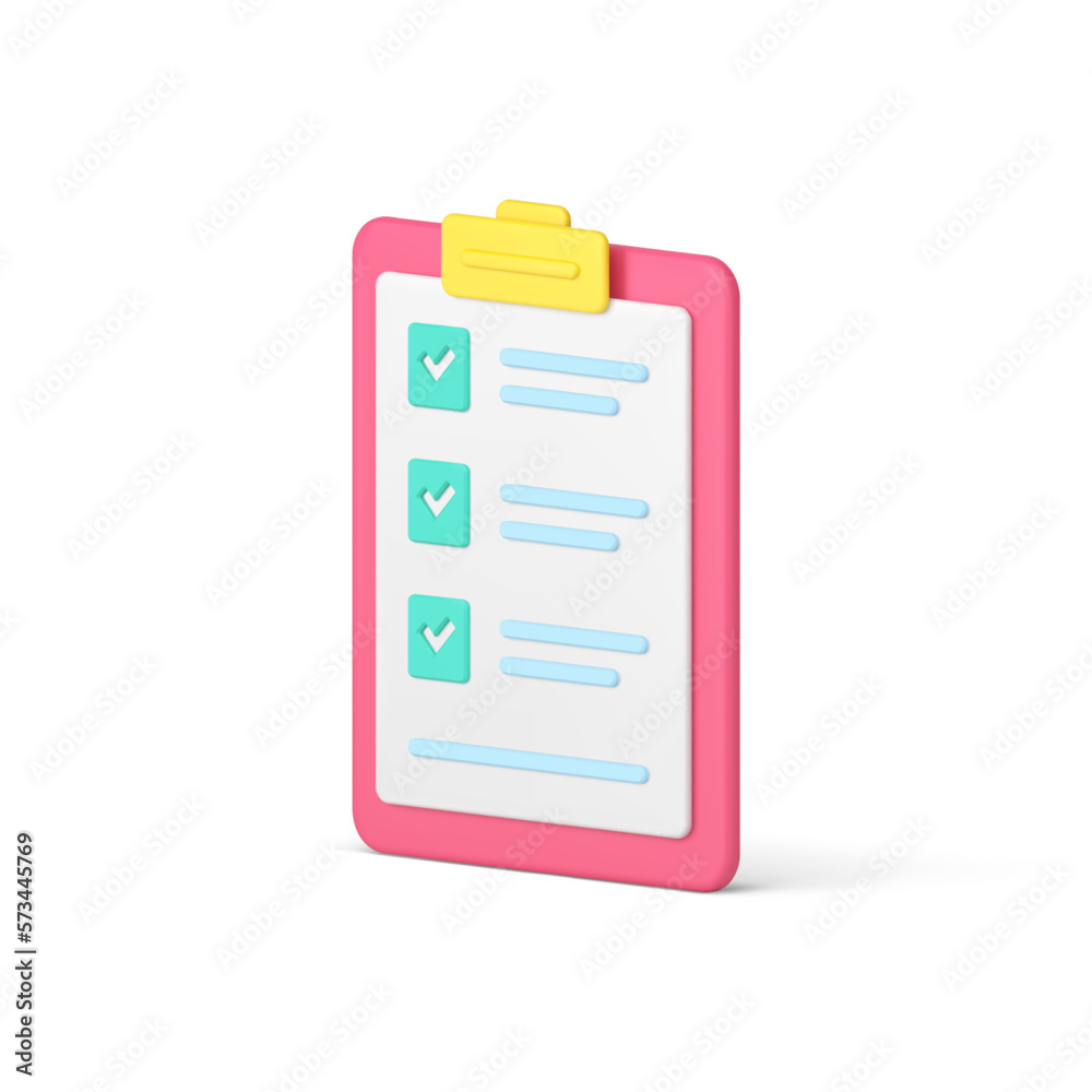 Poster checklist with clipboard fill form checkbox examining document 3d icon realistic vector illustration