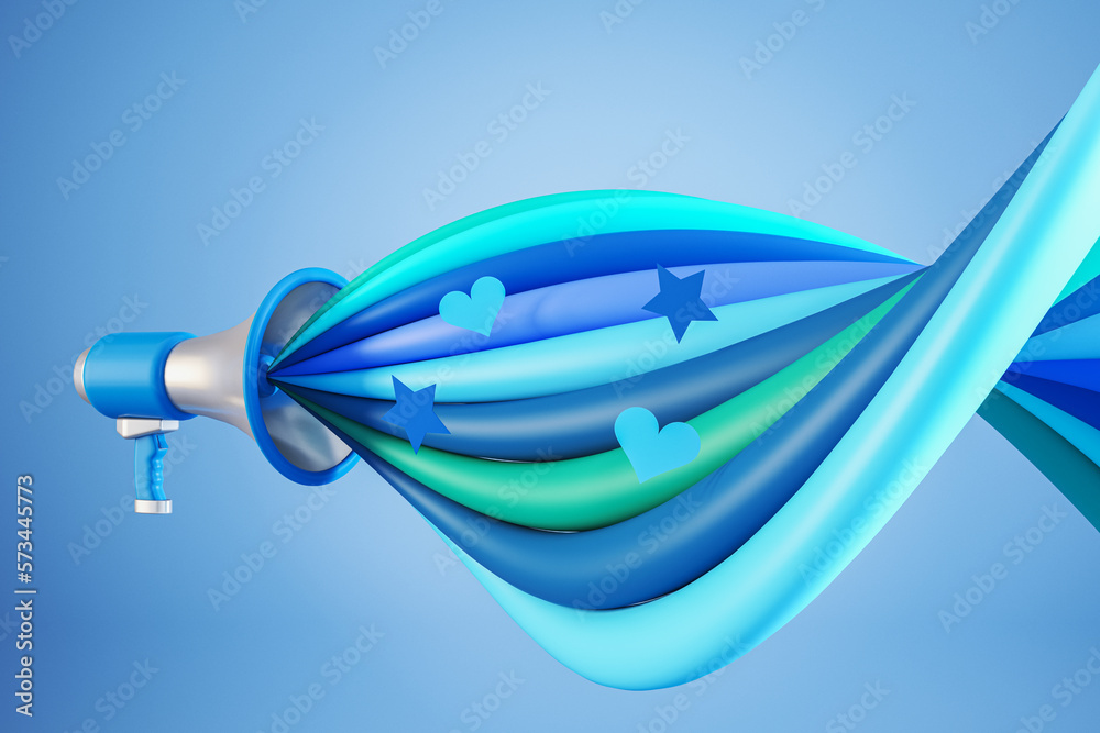 Poster Creative loudspeaker with colorful sound wave on blue background. Voting and fighting for your rights concept. 3D Rendering.