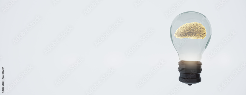 Aufkleber Abstract glass lamp with brain inside on wide white backdrop with mock up place. Inventor concept. 3D Rendering.