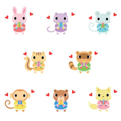 プレゼントを持つ動物のセット