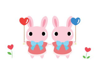 ハートの風船を持つウサギの二人組