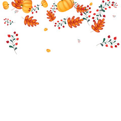 Burgundy Leaves Background White Vector. Rowan Season. Orange Drawing Frame. Vintage Texture. Colorful Pumpkin Harvest Illustration.