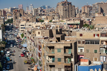 Crowded aerial cityscape view of Cairo, the densely populated capital of Egypt, Africa, Middle East