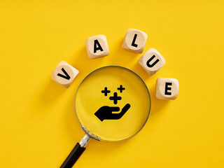 Added value. Business assets value or service quality. The word value on wooden cubes with a...