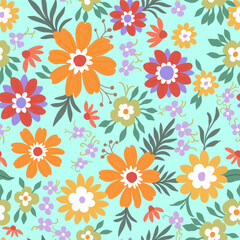 Fototapeta na wymiar A pattern of orange-red, green and purple flowers with green leaves on a bright turquoise background.