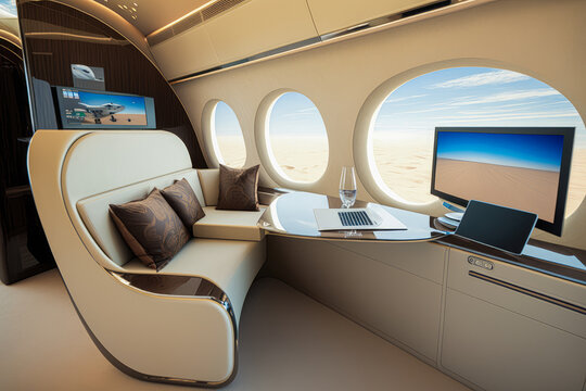 A sleek and stylish private jet with plush furnishings, high-tech equipment, and a sky high view - Generative AI