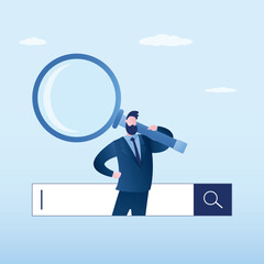 User with magnifying glass discover new websites from search box. Discover or research, SEO, search engine optimization. Businessman finding new information, job or explore web pages