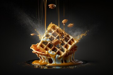Fototapeta na wymiar illustration, honey is poured over delicious belgian waffles, ai generative