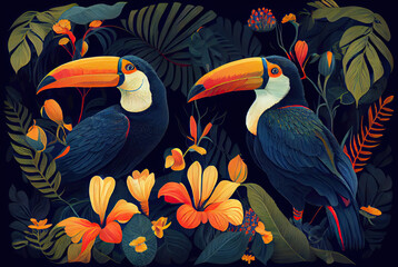 Obraz premium Toucans on colorful background with plants created with AI 