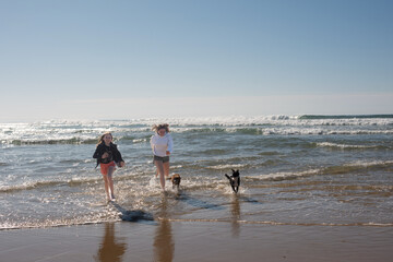 Two young girls walking and playing on the Oceanic beaches of Aquitaine with their Puppys