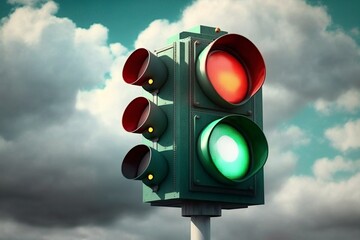 image, traffic light with lights on cloudy sky background, ai genera