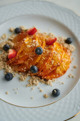 stewed pear with blueberries, strawberries and sprinkles