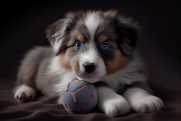 Cute puppy of australian shepherd holding a toy created wtih AI	
