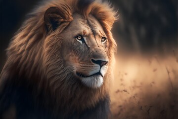 Fototapeta premium Close-up of face of a lion in the wild forest