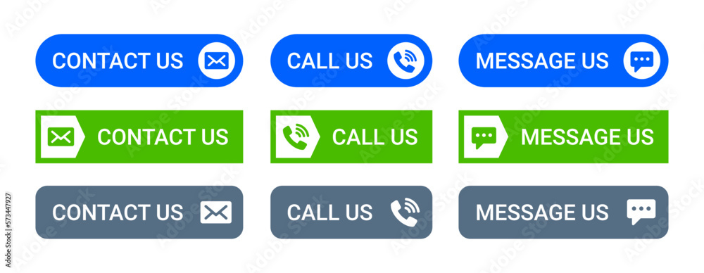 Aufkleber contact buttons vector set. containing contact us, call us and message us with phone, email and mess