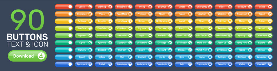Buttons collection with text and icons. Set of colorful button containing download, like, message, share, upload, subscribe, reply, read more, click here, send, open link, edit, account and much more.