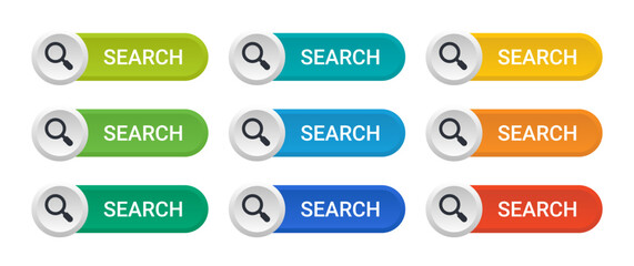 Search buttons vector colorful set, with magnifying glass icon. Graphic design element.