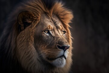 Close-up of face of a lion in the wild forest