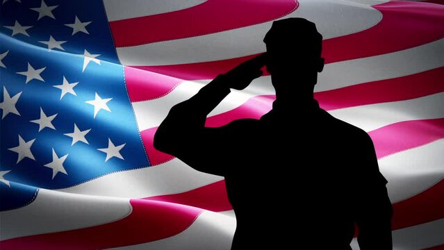 Shoulder silhouette of saluting army soldier in front of USA or America flag at Memorial DAY federal holiday seamless looping animation