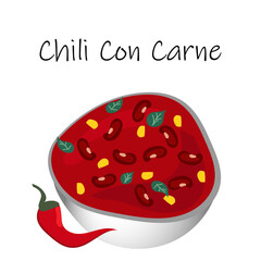 Dish with chili con carne, great design for any purpose. Vector illustration with plate on white background. Beans, corn, jalapeno and green leaves.