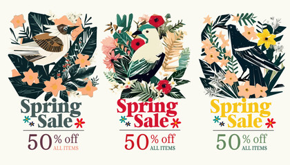 Spring sale illustration set with tropical flowers and birds. Vector illustration.