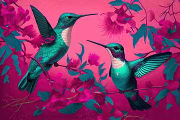 Fototapeta premium Hummingbirds on colorful background created with AI