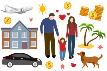 Vision board. Family, home, money, love, travel, car.