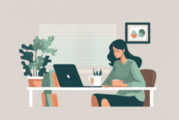 Woman working on desk with laptop productive work. Flat design. Generative ai.