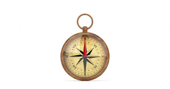 4k Resolution Video: Glossy Bronze Vintage Compass with Windrose Jumping on a white background with Alpha Matte