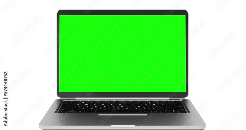Poster 4k resolution video: modern laptop mockup with blank green screen rotating on a white background wit