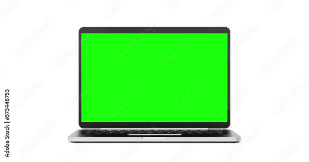 Aufkleber 4k resolution video: modern laptop mockup opening lid with blank green screen on a white background 