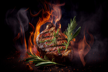 Meat steak grilled with herbs. Flames and smoke on dark background. Genrative Ai