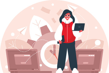 Female student with laptop. Teenage girl in sweatshirt holding laptop and tablet. Background with laptops and gear. Business software development concept. Internet Marketing. Vector graphics