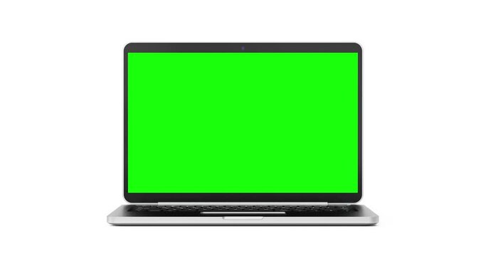 4k Resolution Video: Modern Laptop Mockup Opening Lid with Blank Green Screen on a white background with Alpha Matte