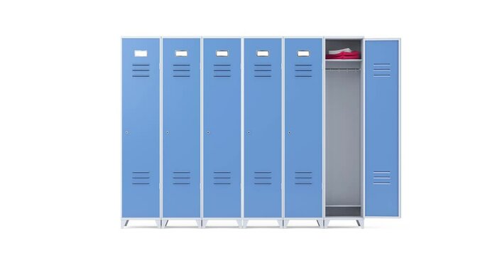 4k Resolution Video: Row of Six Blue Metal Lockers, One Locker Has a Door Opening. The High Quality Animation on a White Background with Alpha Matte