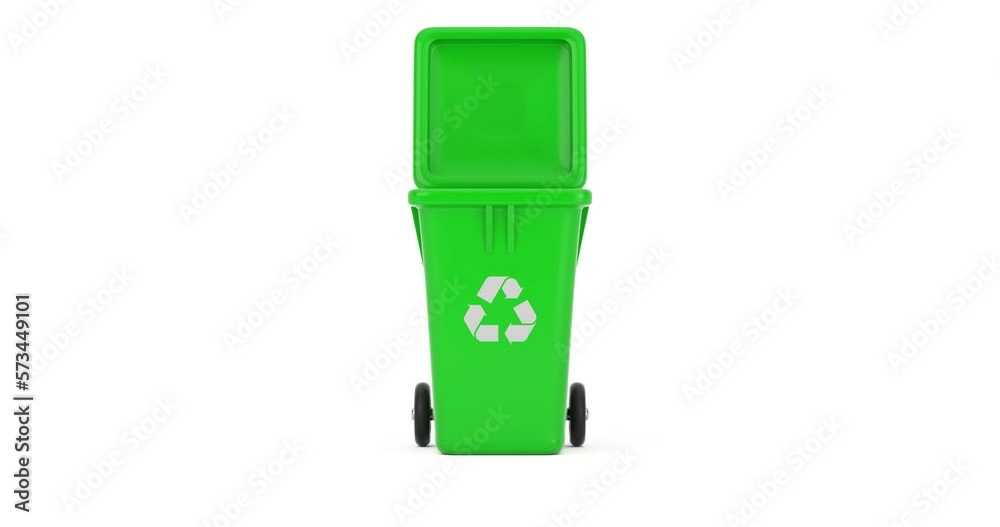 Poster 4k resolution video: recycle sign green garbage trash bin seamless jumping and rotating on a white b
